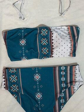 Teal & White Aztec Print Bandeau Bikini Set